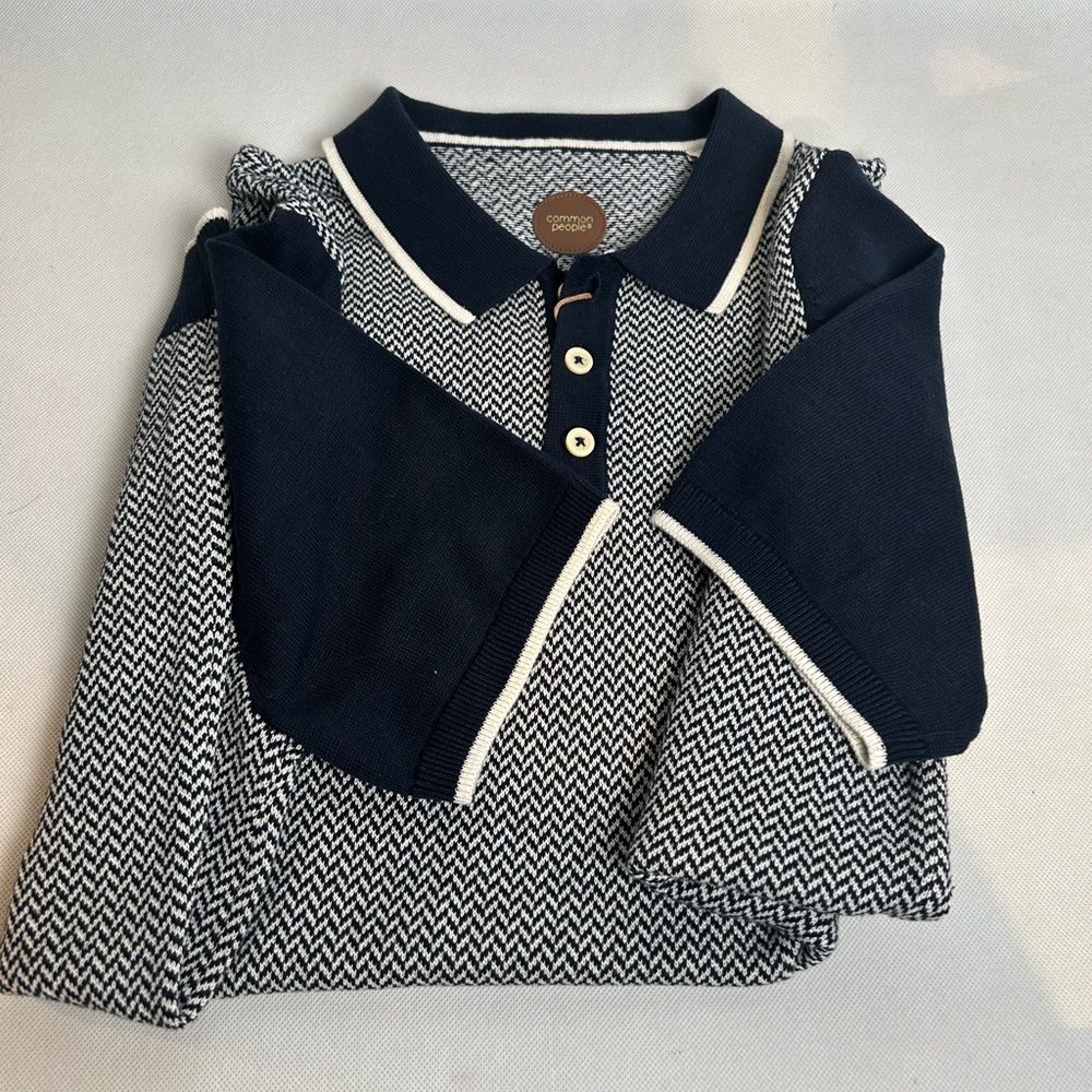 Blue and White Polo Shirt with Geometric Pattern - Picture 7 of 12